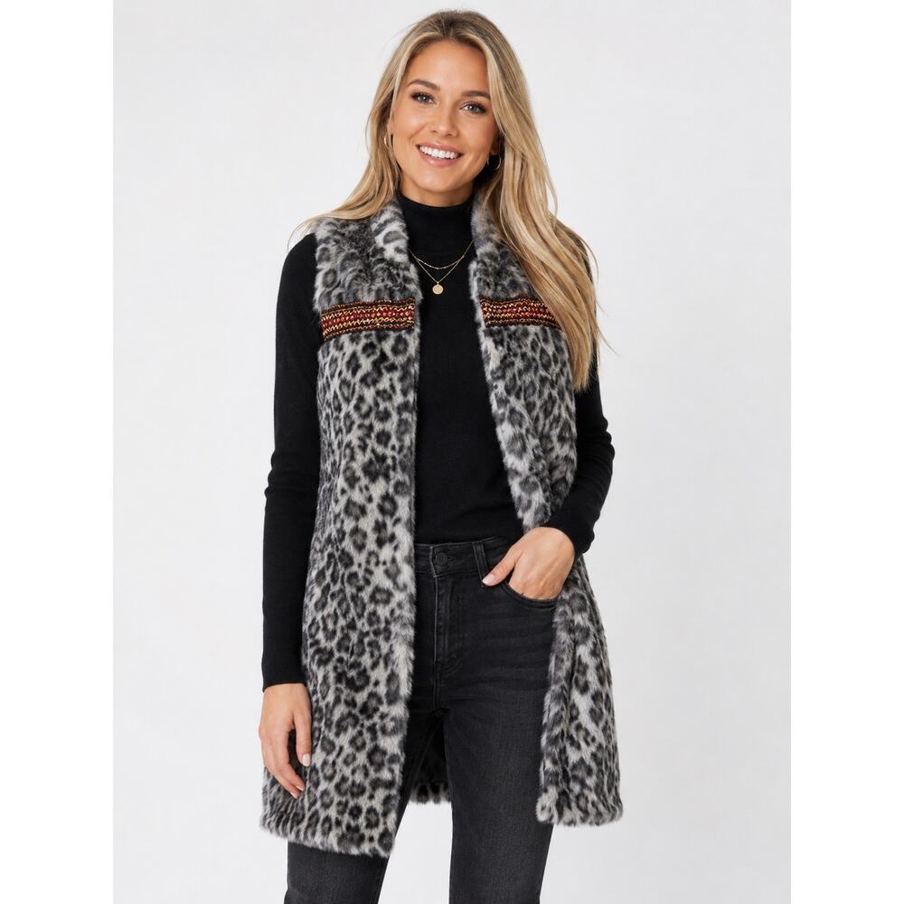Uncle Frank Leopard Print Faux Fur Open Front Vest Women's L Gray Longline Layer